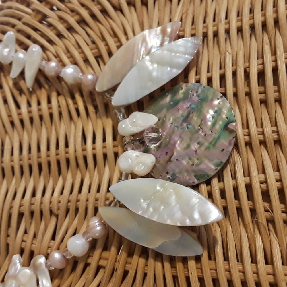 Handmade Sea Goddess statement necklace freshwater pearls, Abalone shell Artisan - Picture 4 of 10